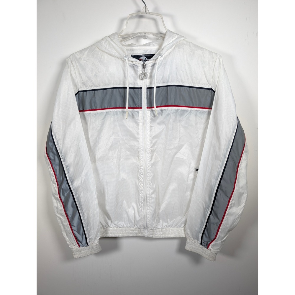 Fila Mens Windbreaker Jacket Hooded Ripstop White Grey Red Stripe Regular Fit M